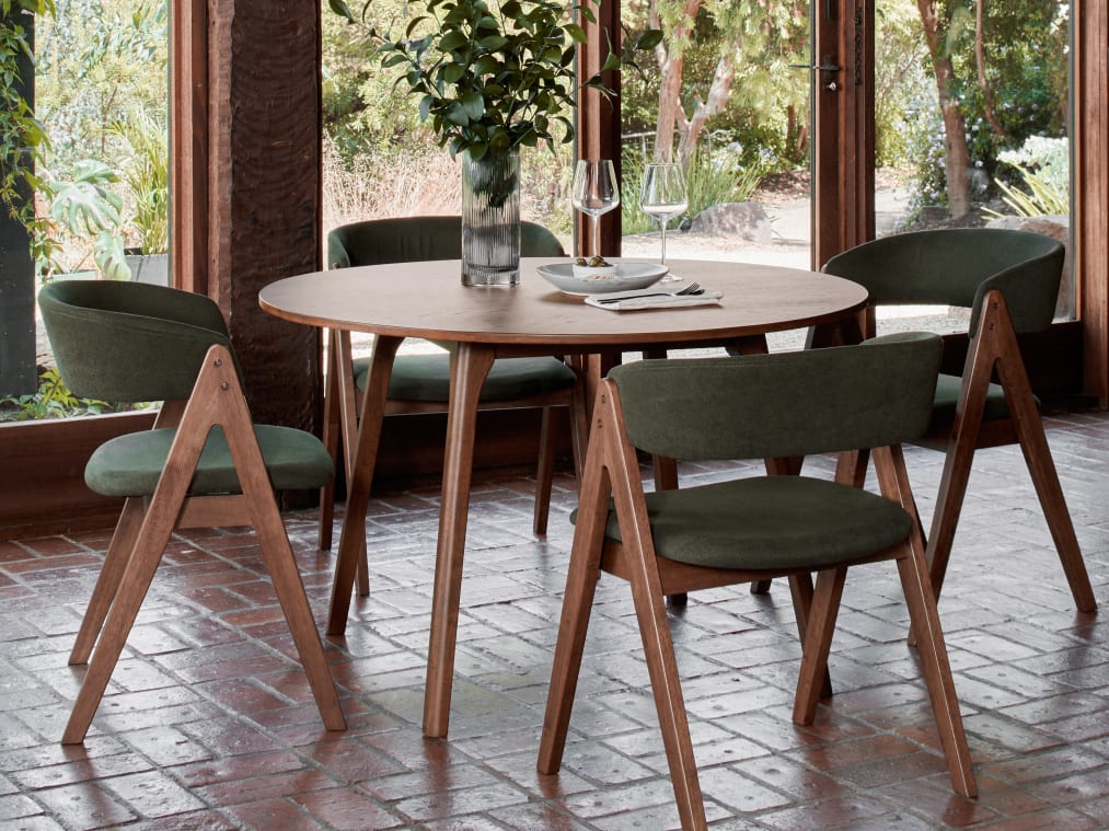 Oslo 5PCE Hardwood Dining Set | Rustic Walnut | Green Fabric