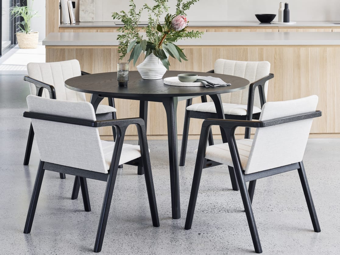 Elm 5PCE Black Hardwood Round Dining Set | Beige Fabric
