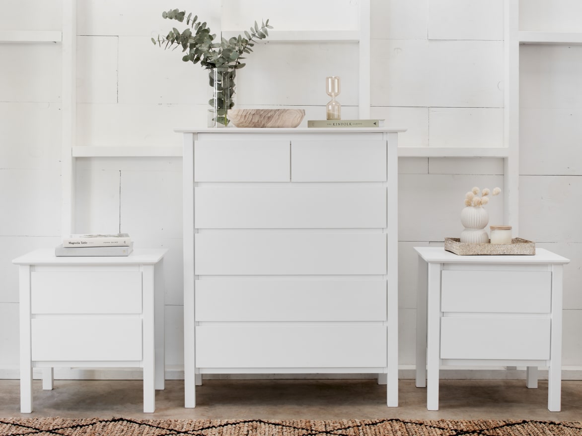 Myer 3PCE White Hardwood Tallboy & Bedside Table Set 