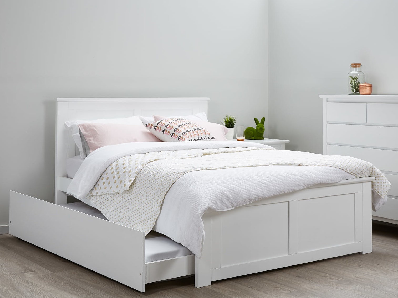 Coco White Double Bed with Trundle | Hardwood Frame