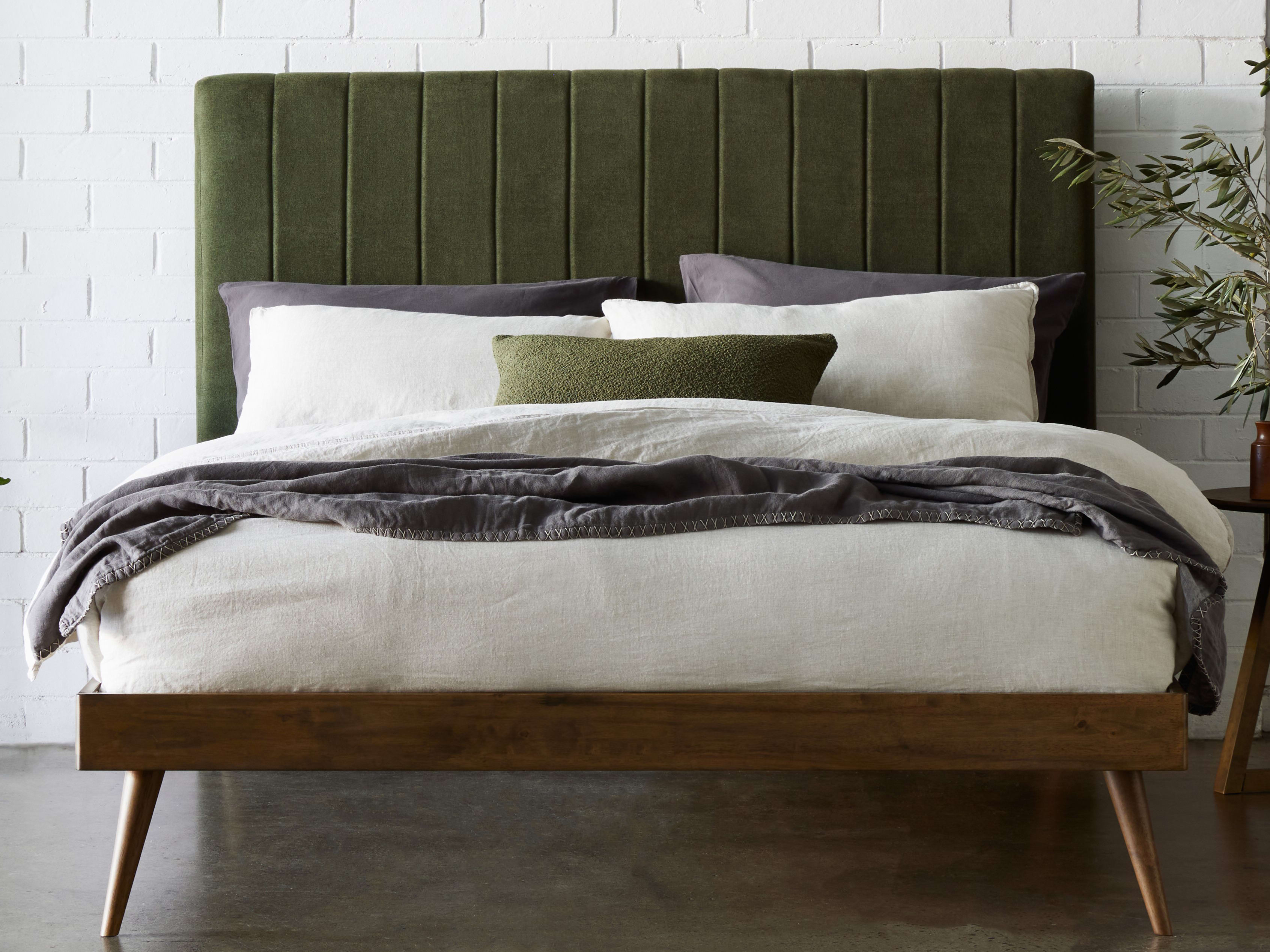 Franki 2PCE Queen Headboard and Bed Base Bundle | Rustic Walnut & Green Fabric