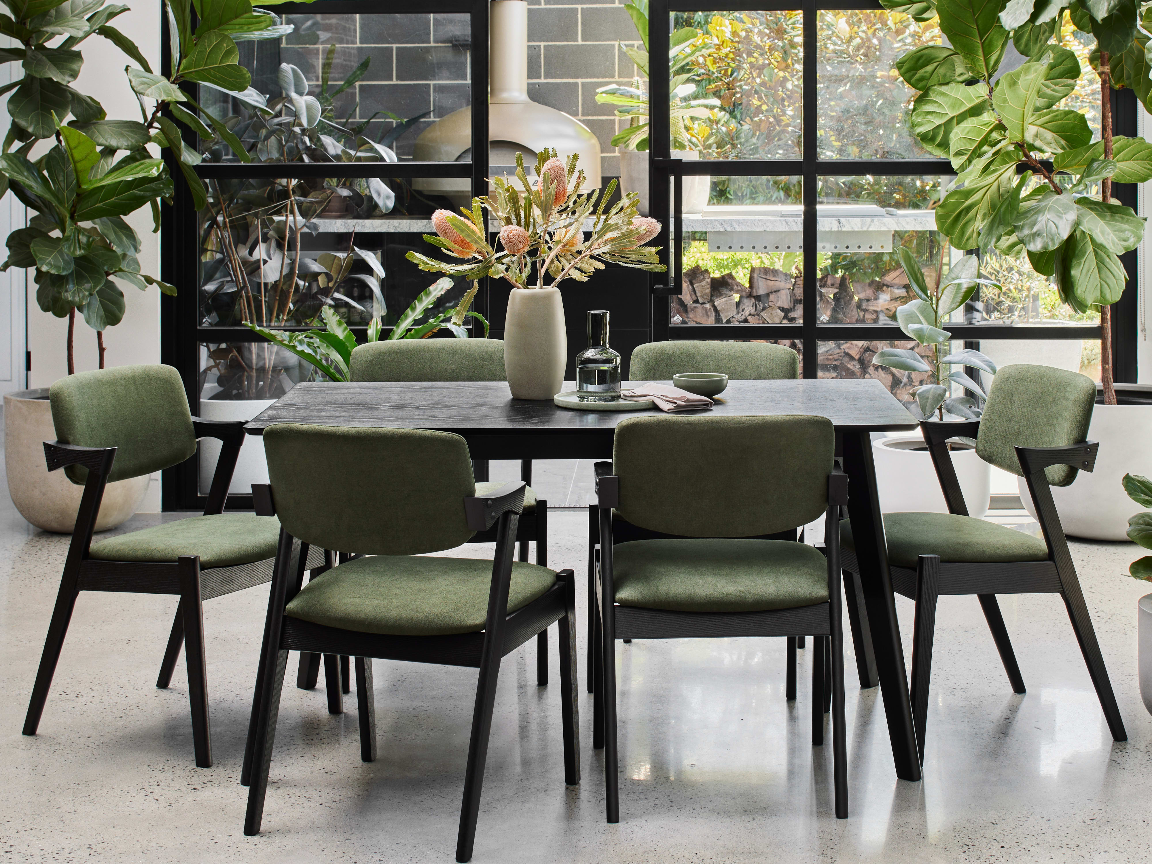 Cannes 7PCE Hardwood Black Dining Set | Green Fabric