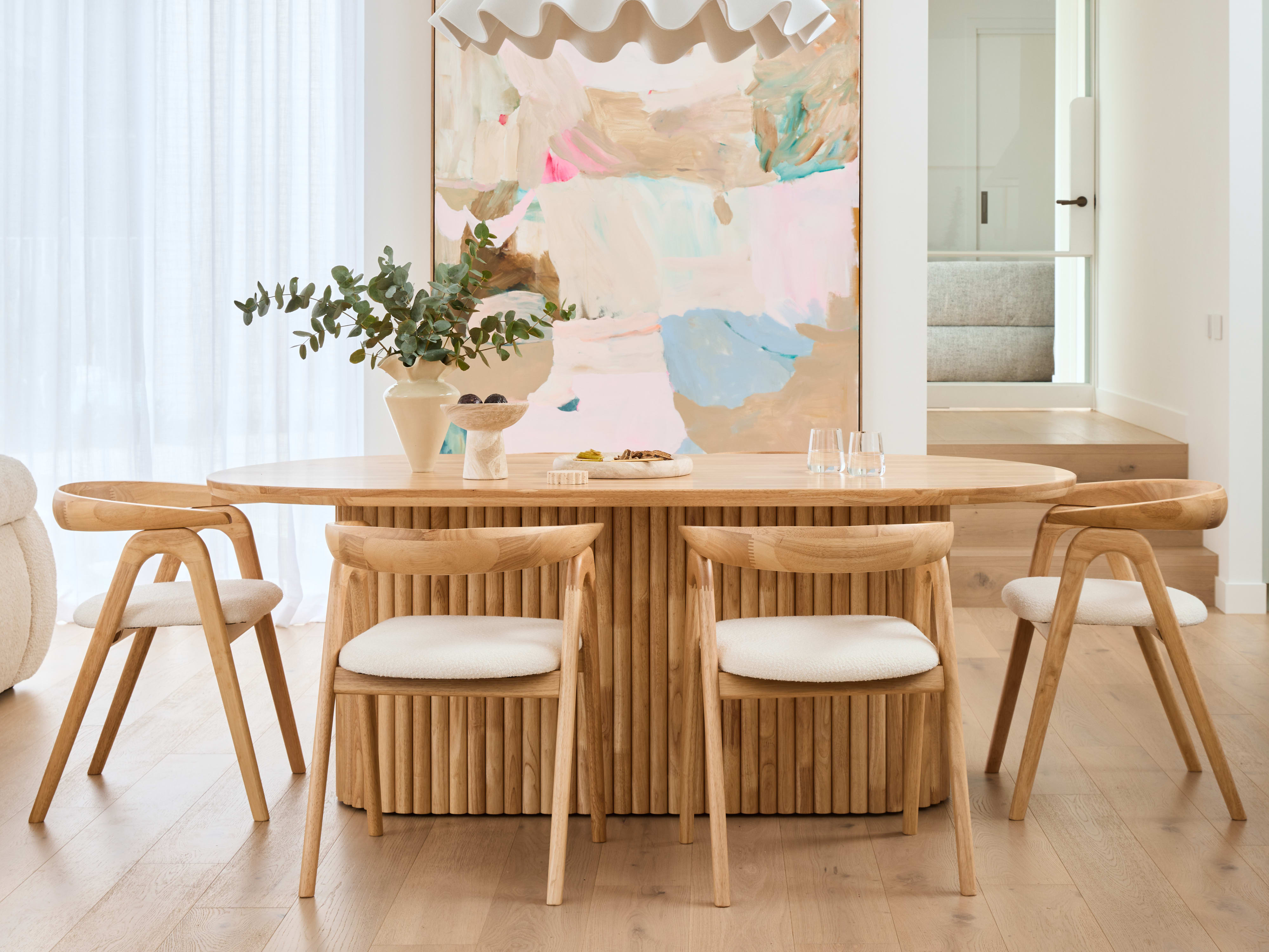 Jasper 7PCE Hardwood Dining Set | Natural | Boucle Fabric