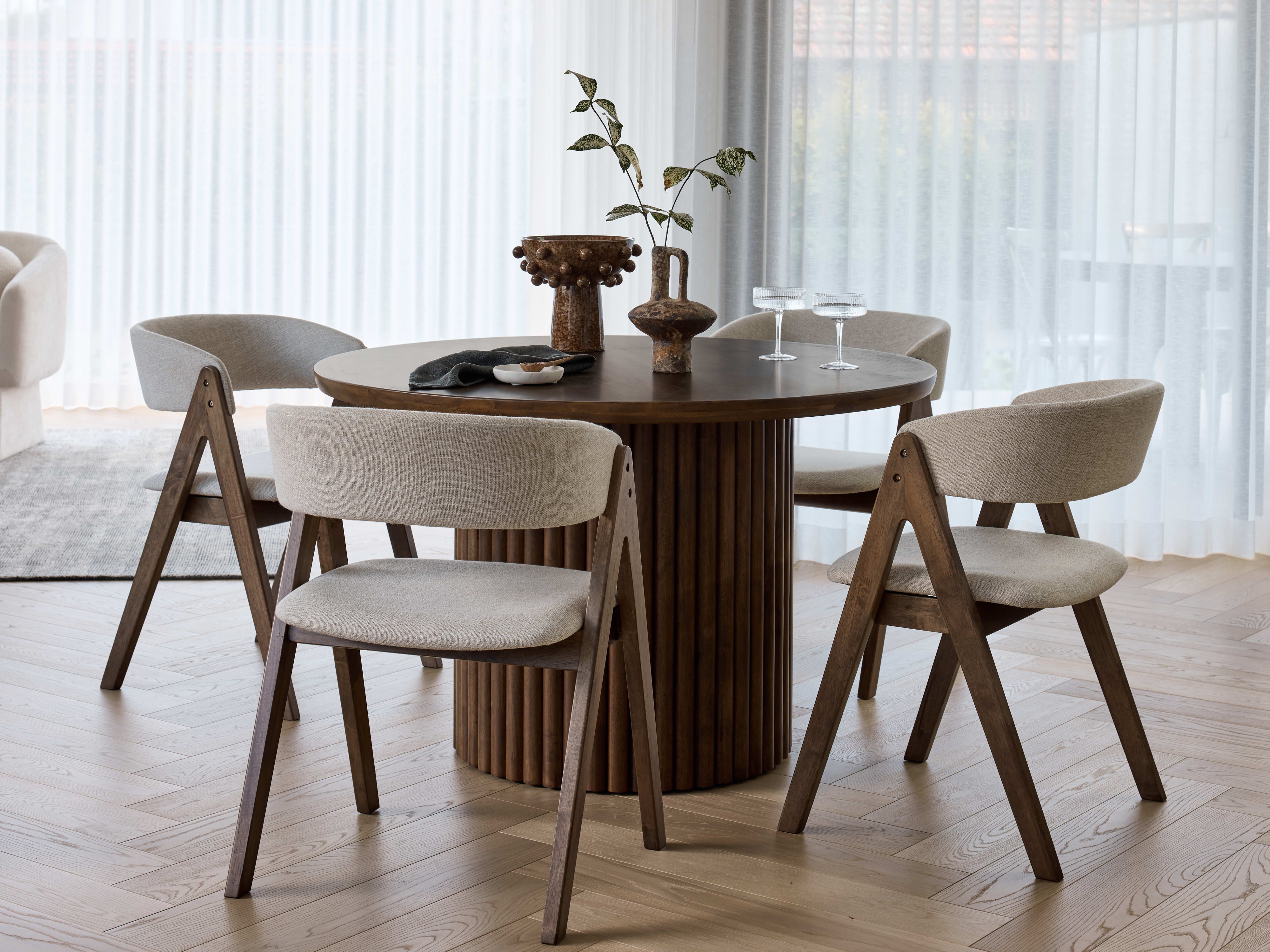 Jasper_5PCE_HardwoodJasper 5PCE Hardwood Dining Set | Rustic Walnut | Beige Fabric