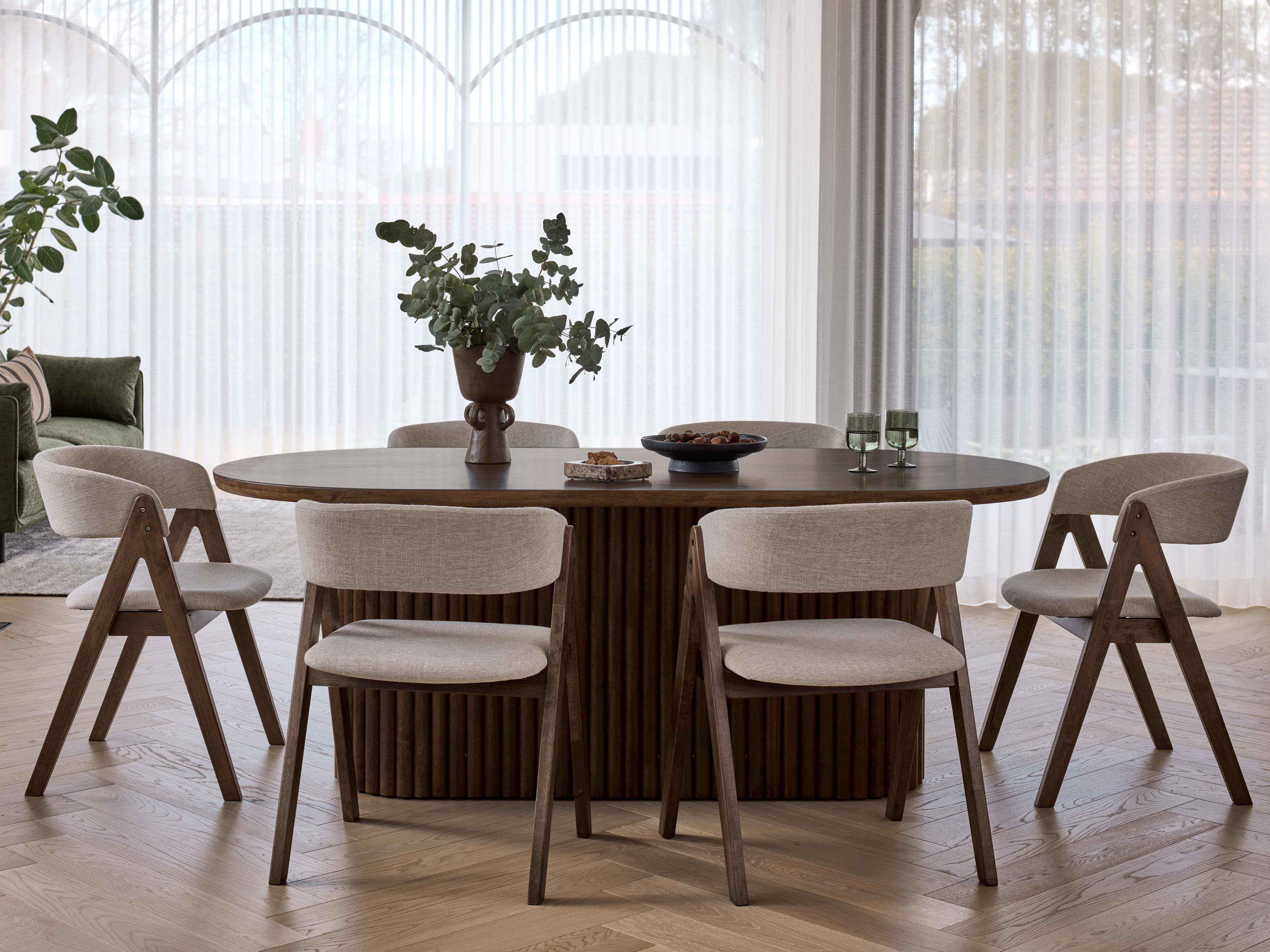 Jasper 7PCE Hardwood Dining Set | Rustic Walnut | Beige Fabric