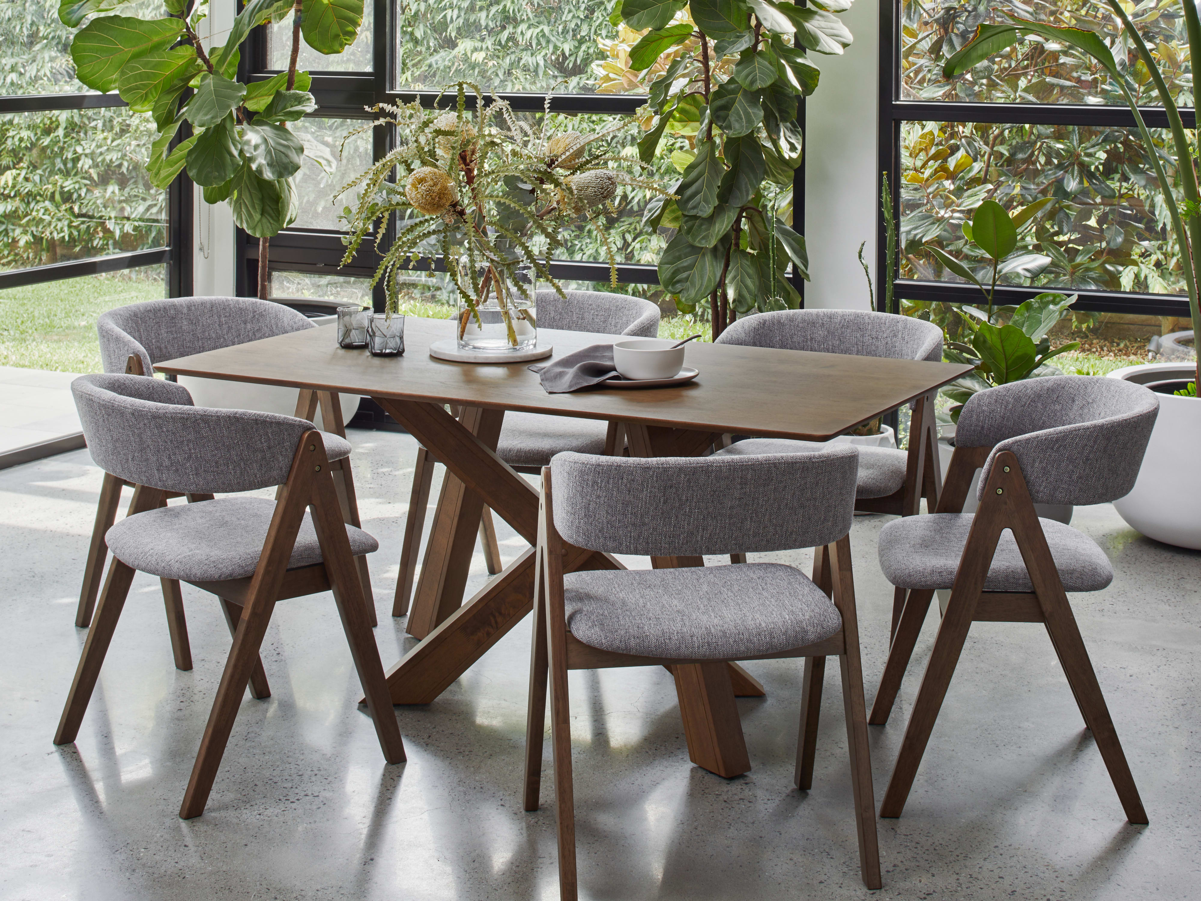 Gaudi 7PCE Hardwood Dining Set | Rustic Walnut | Grey Fabric