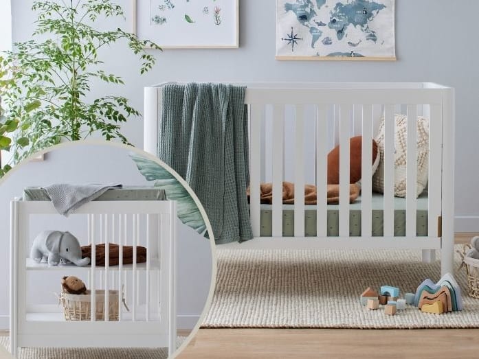 Aster 2PCE Hardwood Convertible Cot & Changing Table Set | White