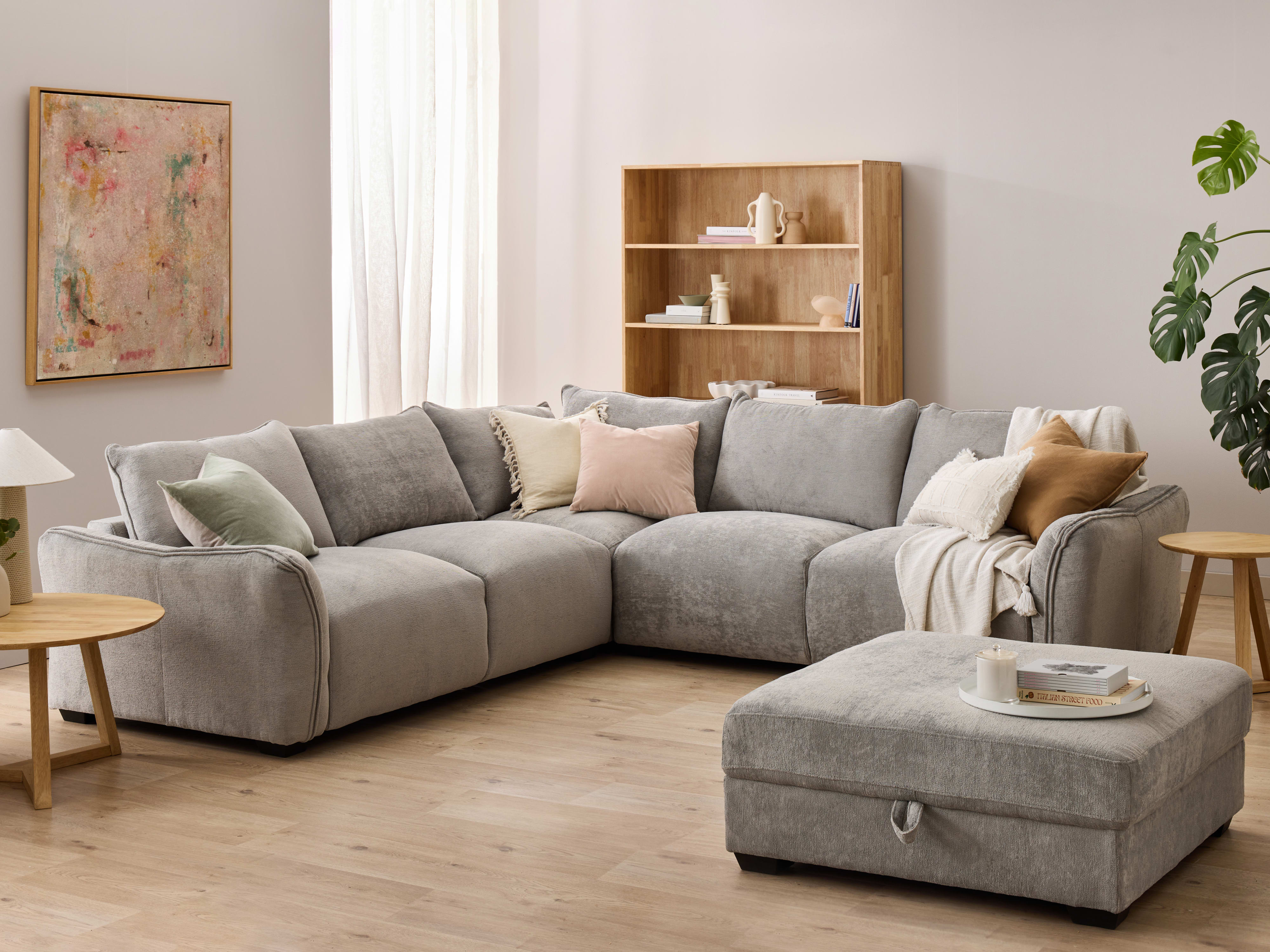 Cosy Grey Corner Sofa with Storage Ottoman