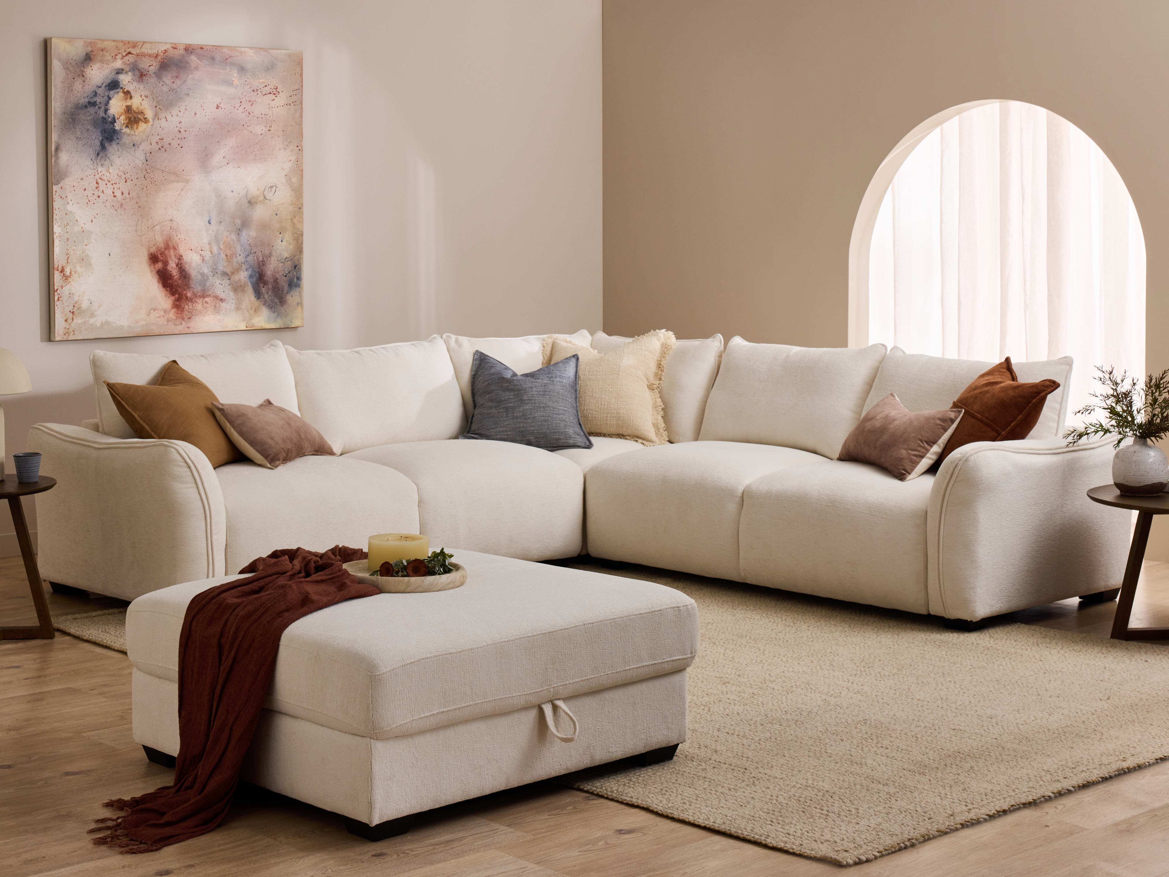 Cosy White Corner Sofa with Storage Ottoman