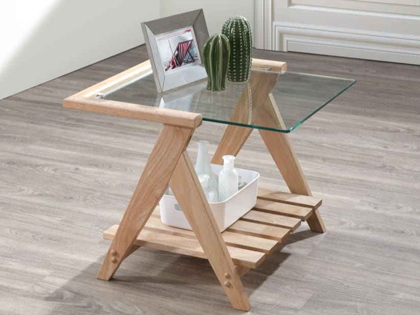  Myer Glass Top Side Table | Natural Hardwood Frame