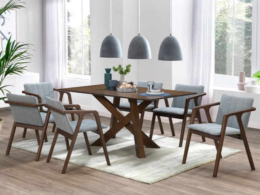 Cruz 7PCE Hardwood Dining Set | Rustic Walnut | Grey Fabric
