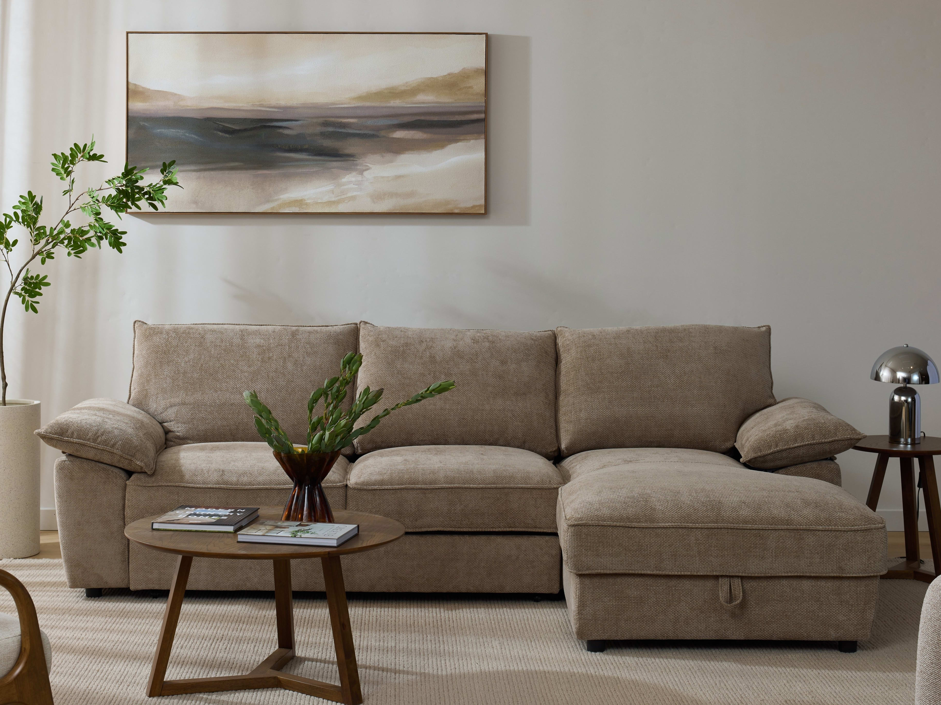 Hideaway Almond Brown Sofa Bed with Storage | Right Chaise