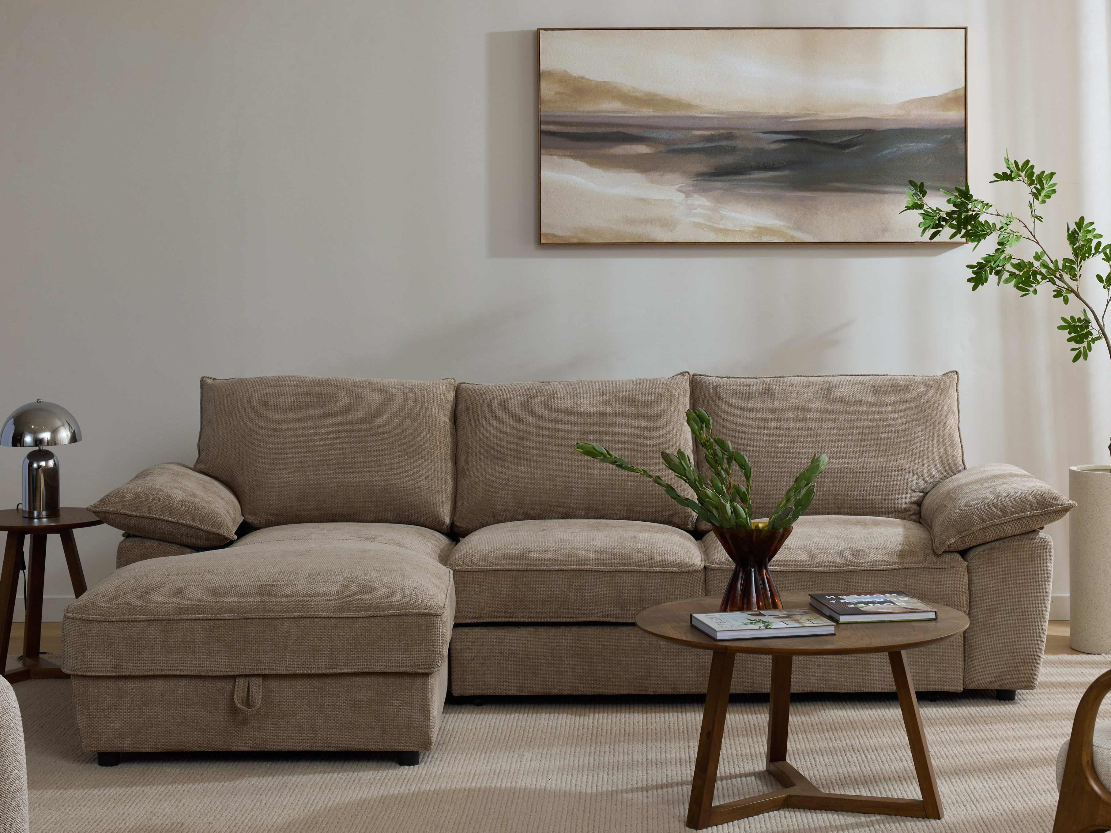 Hideaway Almond Brown Sofa Bed with Storage | Left Chaise