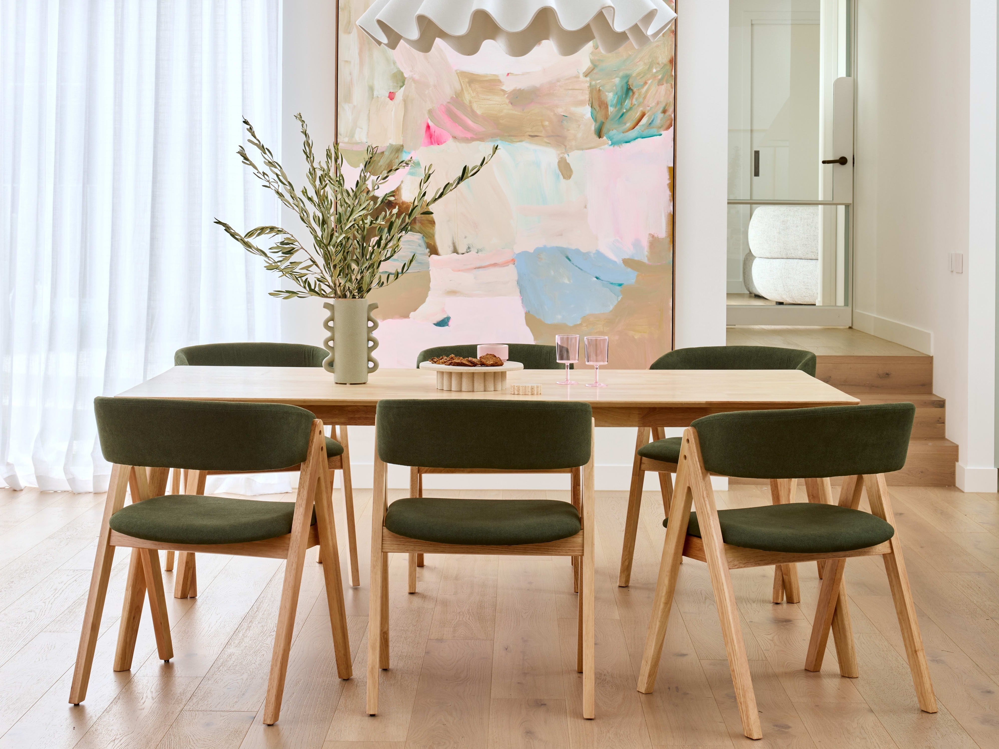 Gaudi 7PCE Natural Hardwood Dining Set | Green Fabric