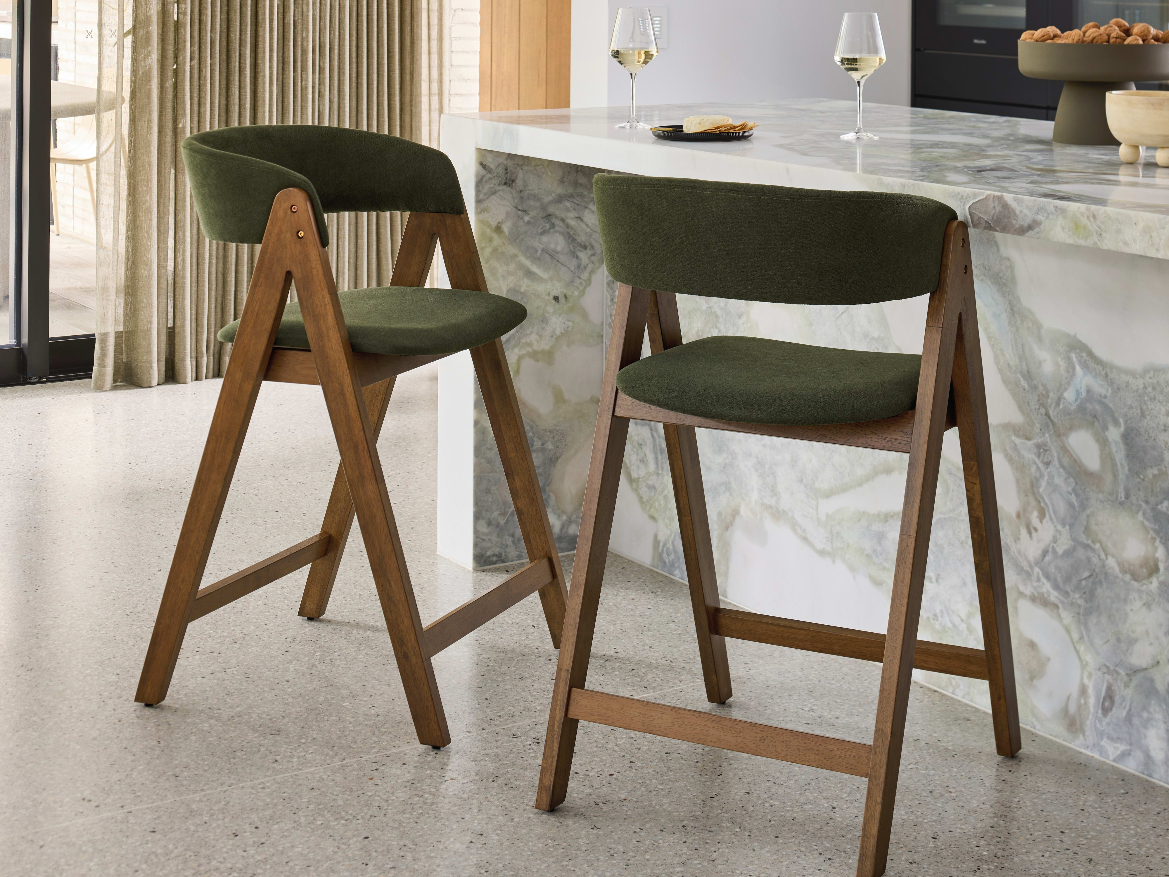 Gaudi Hardwood Counter Bar Stool | Rustic Walnut | Green Fabric