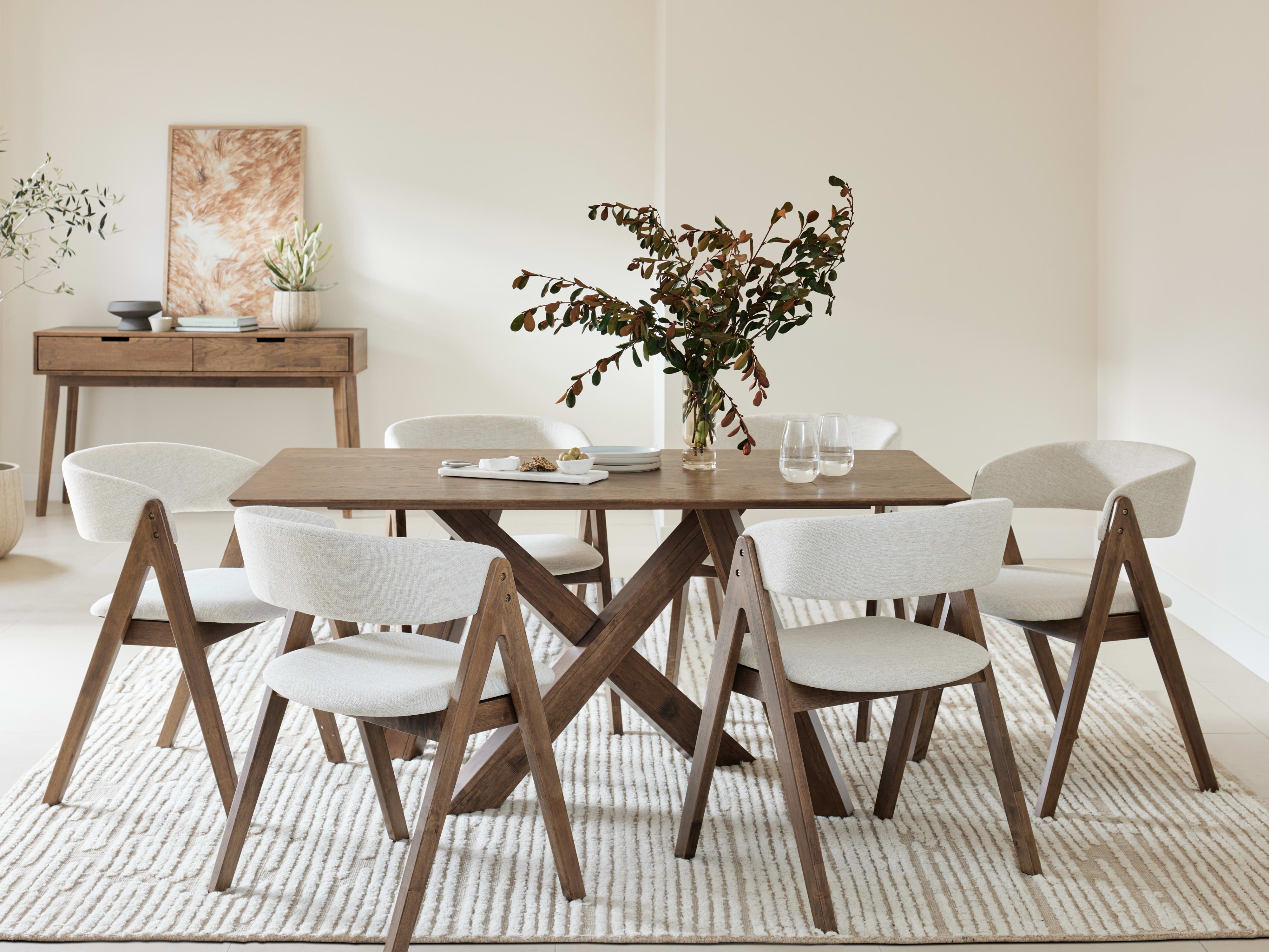 Gaudi 7PCE Hardwood Dining Set | Rustic Walnut | Beige Fabric