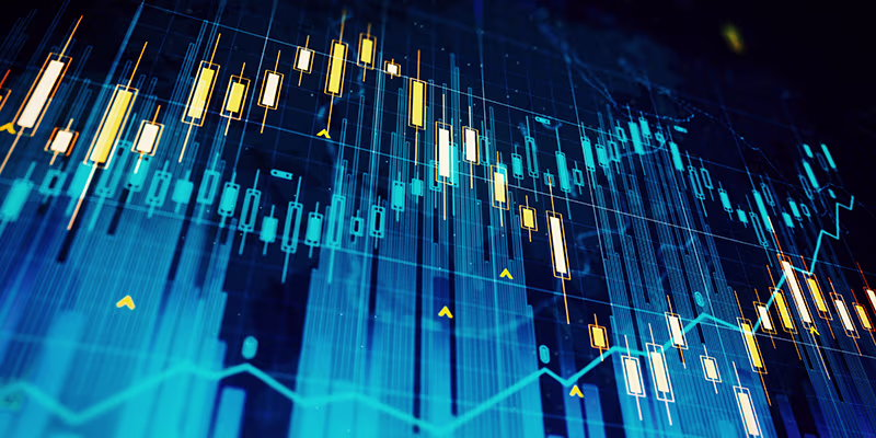 Virtual creative financial chart hologram on blue background, research and analytics concept. 3D Rendering