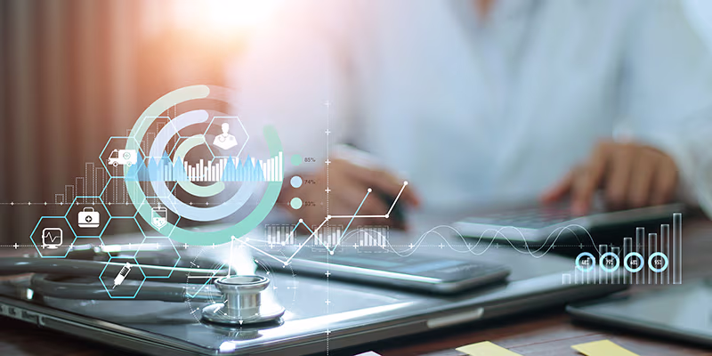 Hands of doctor doing finances and calculate on table and Healthcare business graph data and growth on hospital background.