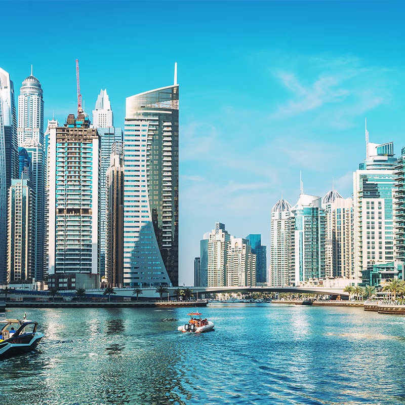 Marina in Dubai with view of the skyline