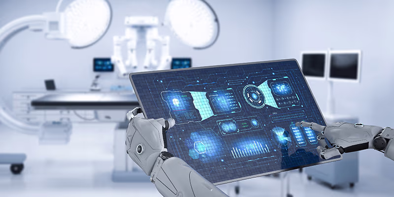 Medical technology concept with 3d rendering robot hand hold tablet with graphic display in surgery room