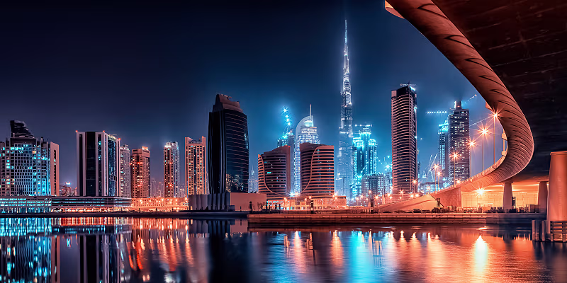 Dubai city skyline at night imagery