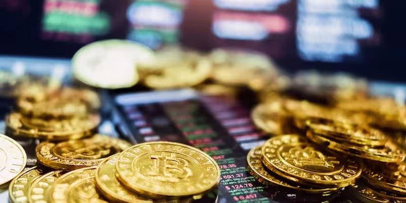 Golden coins lying on a table in front of a computer