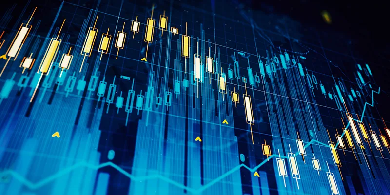 Virtual creative financial chart hologram on blue background, research and analytics concept. 3D Rendering