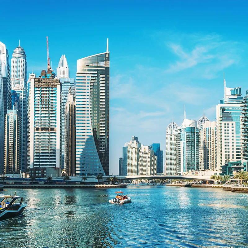 Marina in Dubai with view of the skyline