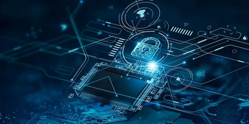 Padlock icon in blue light futuristic