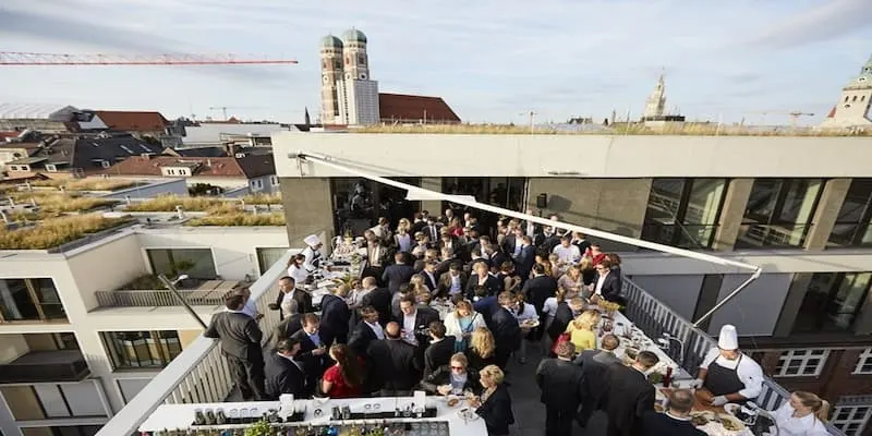 people gathered on a roof top