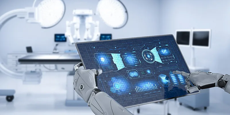 Medical technology concept with 3d rendering robot hand hold tablet with graphic display in surgery room