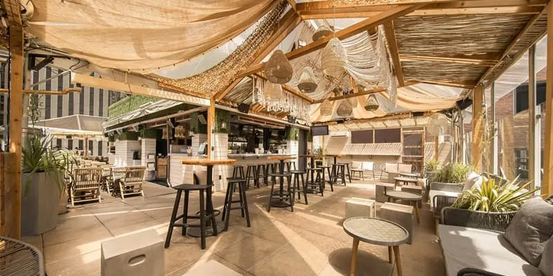 Photo of the event venue with tables and golden lighting