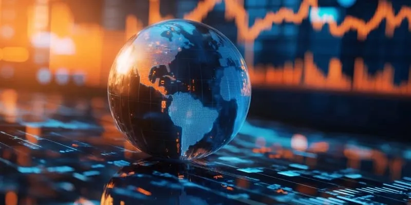 Glass globe in front of stocks