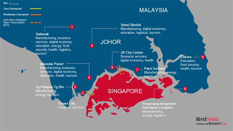 Map graphic showing the Johor-Singapore Special Economic Zone (JSSEZ).