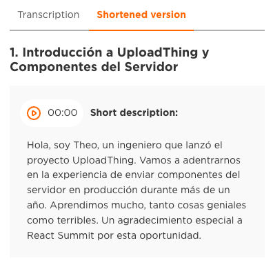 Ejemplo de capítulos generados y resúmenes breves por cada sección en GitNation.com